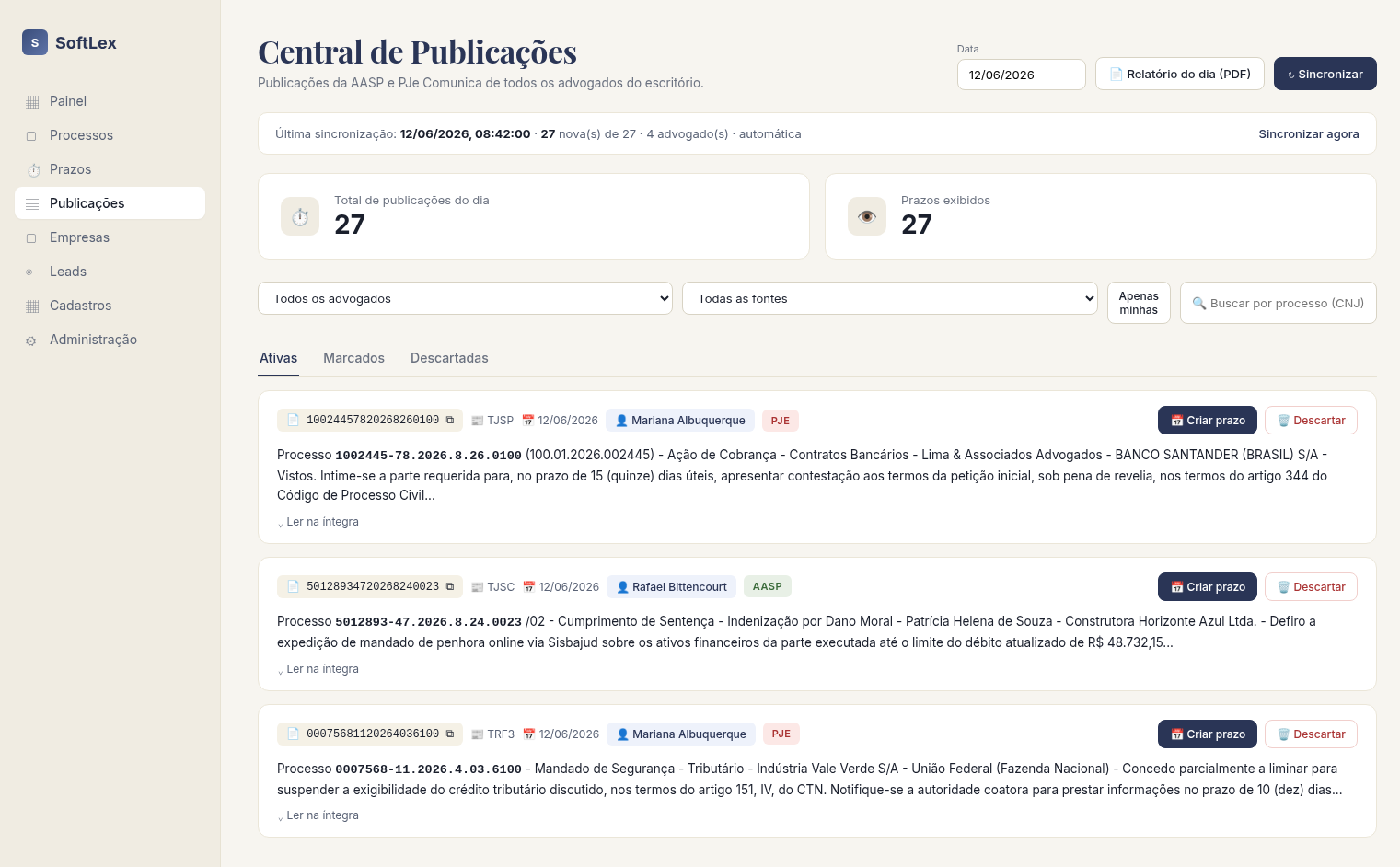 Central de Publicações do SoftLex conectada à AASP e PJe Comunica